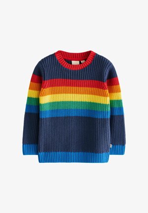 Strickpullover mit horizontalen Streifen in Rot, Orange, Gelb, Grün, Blau und Marineblau, mit einem gerippten roten Halsauschnitt und Bündchen.