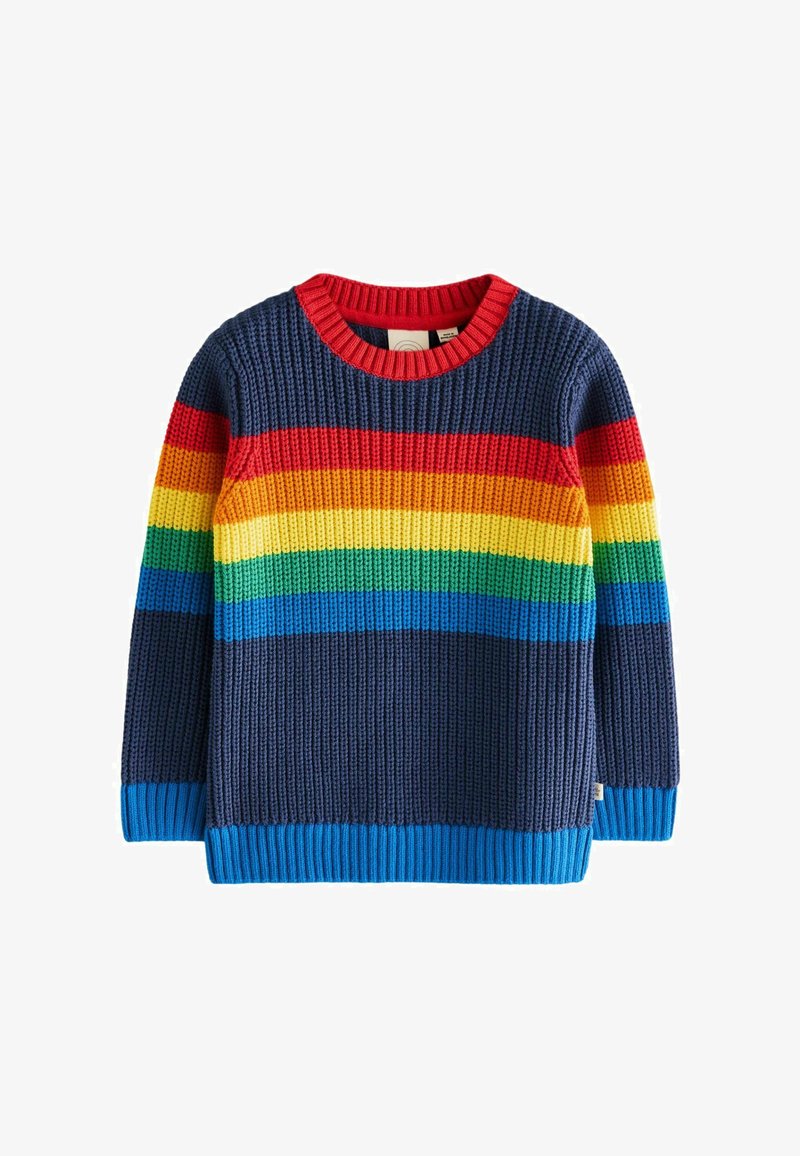 Knit sweater featuring horizontal stripes in red, orange, yellow, green, blue, and navy, with a ribbed red neckline and cuffs.