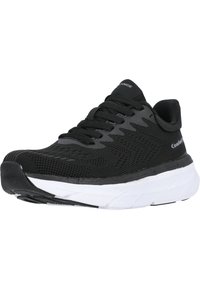 Chaussure de sport noire avec une tige en mesh respirant, des accents gris subtils, une semelle intermédiaire blanche épaisse et une semelle extérieure en caoutchouc texturé pour une meilleure traction.