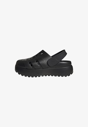Black rubber clogs with an open heel, featuring ventilation holes, a sturdy sole, and a textured finish, designed for comfort and breathability.