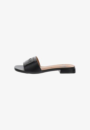 Sandale noire à bout ouvert avec large bride avec logo embossé, talon bas et épais, et semelle intérieure rembourrée beige.