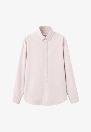Svetlo roza srajca s potiskom in širšim ovratnikom, dolgimi rokavi ter teksturirano tkanino, spredaj z belimi gumbi.