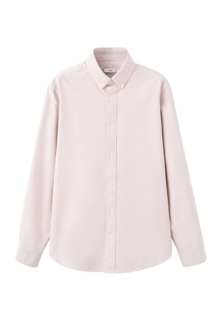 Camicia rosa chiaro con bottoni, colletto ampio, maniche lunghe e tessuto con finitura strutturata, con bottoni bianchi sulla parte anteriore.