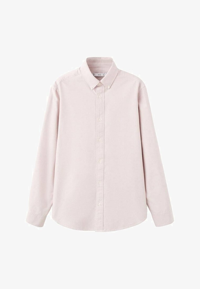 Camicia rosa chiaro con bottoni, colletto ampio, maniche lunghe e tessuto con finitura strutturata, con bottoni bianchi sulla parte anteriore.