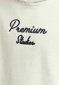 Light-colored hoodie made of soft fabric, featuring navy blue embroidered text "Premium Studios" in a cursive font on the front.