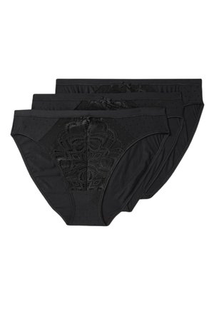 Black lace hipster panties set, featuring dotted texture and floral lace panel at the front. Soft material and elastic waistband for comfort.