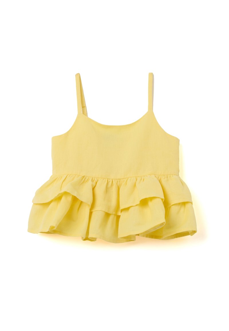 Haut sans manches jaune avec un design de volants texturé et superposé au bas, en tissu léger. Comprend des bretelles fines et un décolleté arrondi.