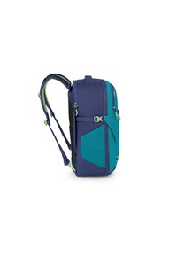 Mochila en color navy y teal, fabricada con material duradero, que cuenta con correas ajustables, un bolsillo frontal con cremallera y un bolsillo de malla lateral para accesorios.