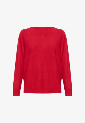 Punane kudumie särk, millel on lai kaelus, pikad varrukad ja soonikäär. Materjal näeb välja pehme ja kerge tekstuuriga.