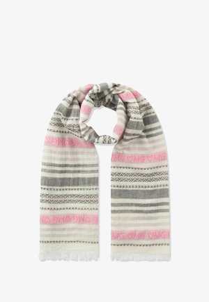 Lichte sjaal met horizontale grijze en witte strepen, geometrische patronen en roze "OMG"-tekst met hartaccenten, met franjes aan de uiteinden.