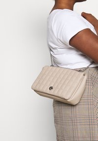 Borsa a tracolla beige trapuntata con una catena d'argento, caratterizzata da un dettaglio di chiusura frontale. Texture liscia e forma rettangolare.