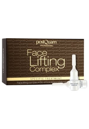 Caja marrón etiquetada postQuam professional face lifting complex con dos pequeños ampollas blancas al lado para tratamiento facial.