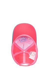 Cappellino rosa con visiera azzurro chiaro. L'interno presenta una fodera decorata con personaggi dei cartoni animati. Include un'etichetta e una chiusura snapback.