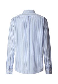 Chemise à manches longues boutonnée avec des rayures verticales bleues et blanches vue de dos, dotée d'un col et de poignets boutonnés.