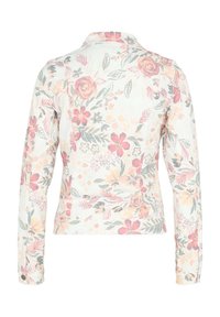 Giacca con stampa floreale in colori pastello, con collo a camicia e maniche lunghe con polsini abbottonati. Realizzata in un tessuto leggero con una texture liscia.