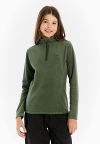 Grüner Fleece-Pullover mit hohem Kragen, halbem Reißverschluss und langen Ärmeln. Mit dezentem Logo auf der linken Brust. Weiche Textur.