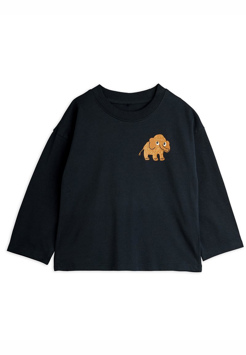 Schwarzes Langarm-T-Shirt aus Baumwolle. Auf der linken Brust befindet sich ein graues Baumwolle-Bild eines braunen Elefanten. Entspannter Schnitt und Rundhalsausschnitt.