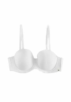 Bra bianco imbottito con spalline regolabili, supporto con ferretto e una texture liscia. Presenta un accento con logo dorato sul lato.