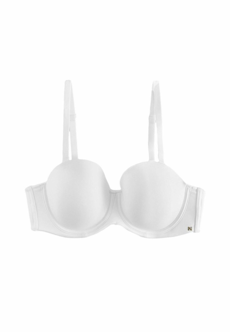 Bra bianco imbottito con spalline regolabili, supporto con ferretto e una texture liscia. Presenta un accento con logo dorato sul lato.