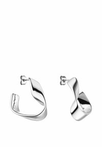 Silberne abstrakte Ohrringe mit einem wellenförmigen Design. Sie besitzen glatte, polierte Oberflächen und werden mit einem Steckverschluss und einer Rückseite gesichert.