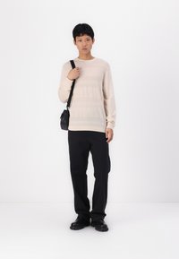 Pletena bež jopica z vodoravnimi teksturiranimi črtami, v kombinaciji s črnimi hlačami in majhno črno torbico čez ramo. Črne čevlje dopolnjujejo videz.