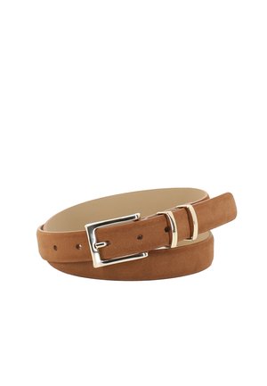 Hellbrauner Wildledergürtel mit glattem Finish, rechteckiger silberner Metallschnalle und mehreren Einstelllöchern. Klassisch gestaltet.