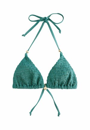 Triangulär bikinitopp i teal textil, med justerbara snören och en liten snäcka som accent i mitten.