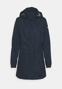 Laivastonsininen vedenpitävä takki hupulla, jossa on vetoketju edessä, kaksi ulkotaskua ja sileä, mattapintainen viimeistely. Heijastavat yksityiskohdat hihoissa.