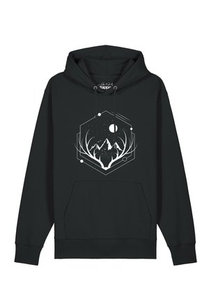 Black hoodie with white graphic of mountains, antlers, stars, moon, and geometric hexagon shapes on front center.