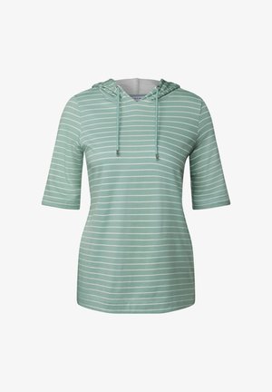 Mintgrøn stribet hoodie med V-hals, trekvartærmer og snoretræk i et glat, let stof.