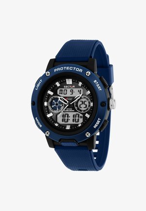 Orologio digitale con cinturino in silicone blu e custodia nera. Presenta quadranti analogici e digitali, dettagli testurizzati e diversi pulsanti.