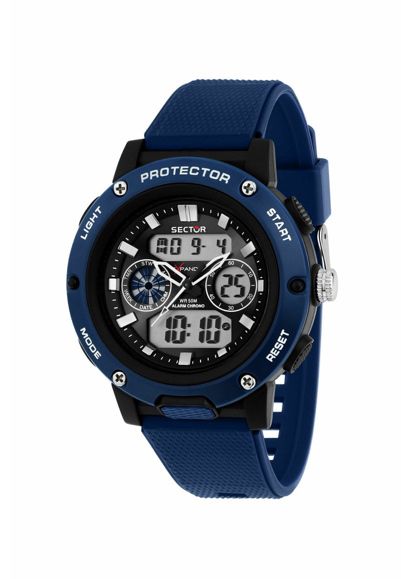 Digitaluhr mit blauem Silikonarmband und schwarzem Gehäuse. Verfügt über analoge und digitale Anzeigen, strukturierten Akzenten und mehrere Tasten.