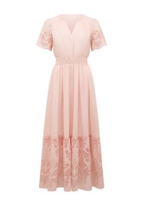 Rochie maxi de un roz deschis, cu maneci scurte tip puff, decolteu în V, talie strânsă și tiv inferior brodat cu flori. Material moale cu o formă fluidă.