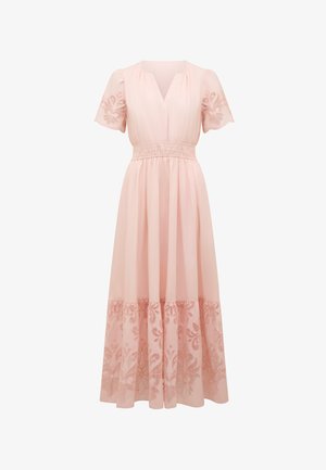 Svijetloružičasta maxi haljina s kratkim puf rukavima, V-izrezom, smučenim strukom i vezom cvjetnog uzorka na donjem rubu. Mekani materijal s lepršavim krojem.