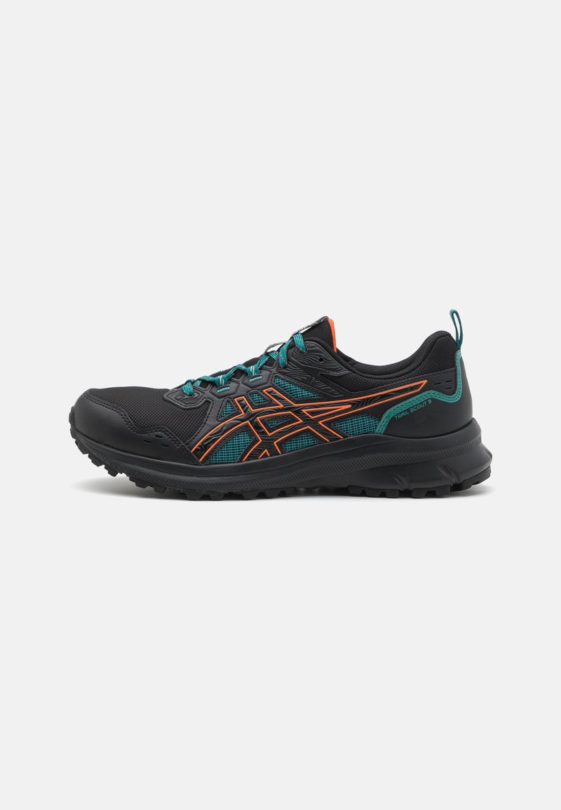 Chaussure de trail running noire avec une tige en mesh texturé, mettant en valeur des accents orange et teal, une semelle crantée proéminente et un talon rembourré.