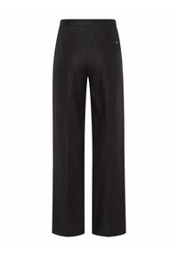 Black wide-leg trousers in a lightweight fabric, featuring a smooth texture and a single back pocket with subtle branding on the waistband.