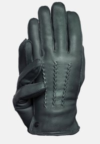 Grön läderhandske med en åtsittande design, prydd med dekorativ sömnad på baksidan och en slät textur. Inkluderar en liten svart accentknapp.