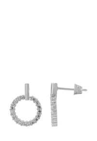 Silberne Creolen mit einem kreisförmigen Design, verziert mit kleinen klaren Kristallen und einem linearen Stift mit diamantenähnlichen Akzenten.