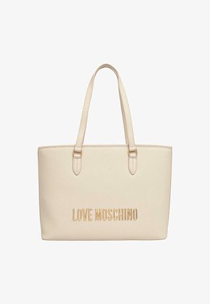 Sac fourre-tout beige Love Moschino avec deux poignées et lettrage de la marque en ton doré au centre avant.