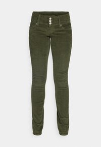 High-waisted, olive green corduroy pants with three front buttons, two front pockets, and a slim-fit design. Textured fabric with ribbing.