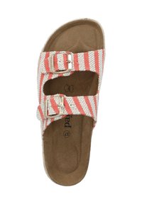 Gestreepte sandalen met wit en koraal geknoopt stof, twee verstelbare gespen en een textuur bruine voetbed. Platte zool en open ontwerp.