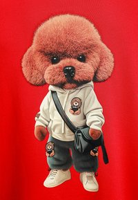 Gráfico de un perro de dibujos animados con pelaje marrón esponjoso que lleva una sudadera blanca, pantalones grises con parches de oso y zapatillas blancas, todo sobre un fondo rojo.