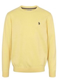 Žlutý svetr s kulatým výstřihem, dlouhými rukávy a žebrovaným lemem. Má malé černé logo na levé hrudi. Měkká pletená textura.