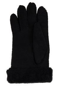Guanto in suede nero con una morbida fodera nera pelosa. Include cuciture e un design con polsino ripiegato. Stile a cinque dita.