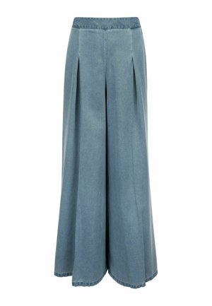 Jeans met hoge taille en wijde pijpen in vervaagde blauwe denim met plooien aan de voorkant en zonder zichtbare sluitingen.
