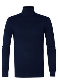 Pull à col roulé bleu marine en tissu tricoté doux. Comprend des manches longues ainsi que des poignets et un col côtelés. Design classique ajusté.