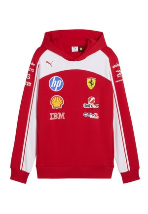 Rode en witte Ferrari-hoodie met Puma-logo en sponsorlogo's waaronder HP, Shell, IBM, UniCredit en CEVA op de voorkant en mouwen.