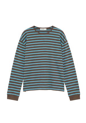 T-shirt à manches longues col rond avec des rayures horizontales marron et bleu clair, poignets côtelés et ourlet droit.