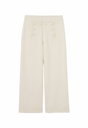 Pantaloni a gamba larga, color crema, con una texture liscia, dotati di dettagli con bottoni sulla parte frontale e di una vita piatta senza passanti per cintura.