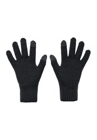 Black knitted gloves with a ribbed cuff, featuring textured fingertips for touch screen use, displayed flat with five fingers exposed.
